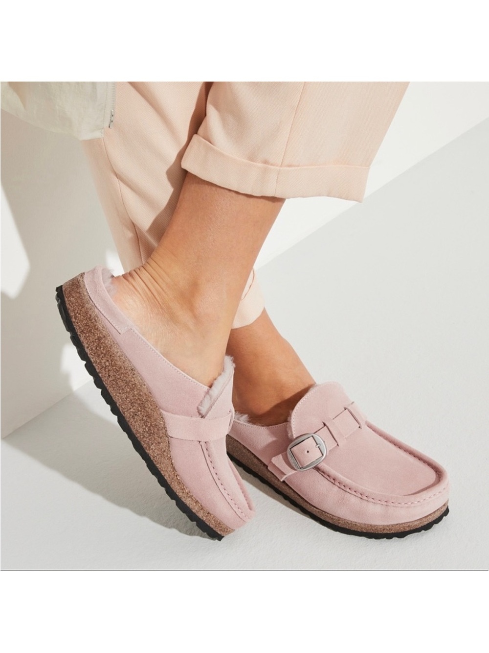 Birkenstock Buckley Genuine Shearling Suede Mule Clog Loafer Light Pink. EU 38